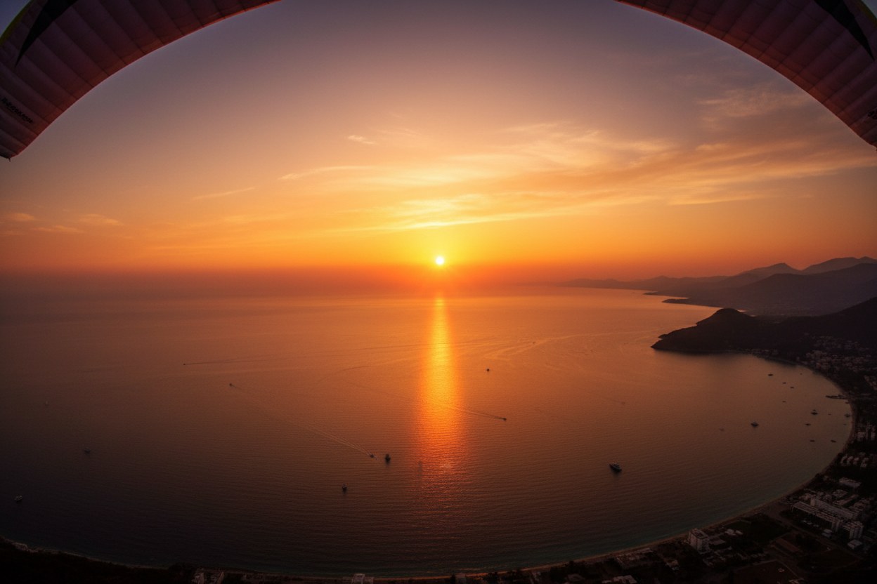 Kaş körfezinin üzerinde gün batımında altın rengine bürünen gökyüzü ve deniz