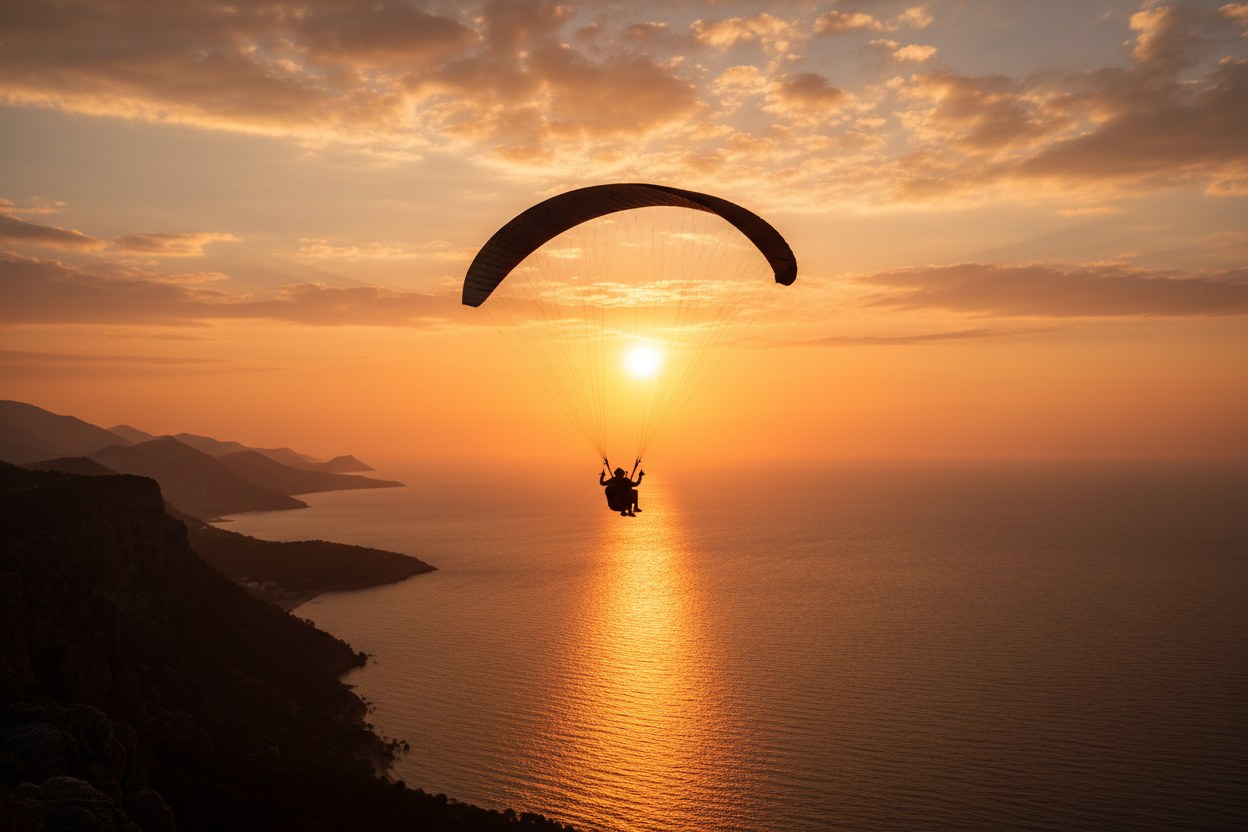 Kaş körfezinde gün batımında tandem yamaç paraşütü